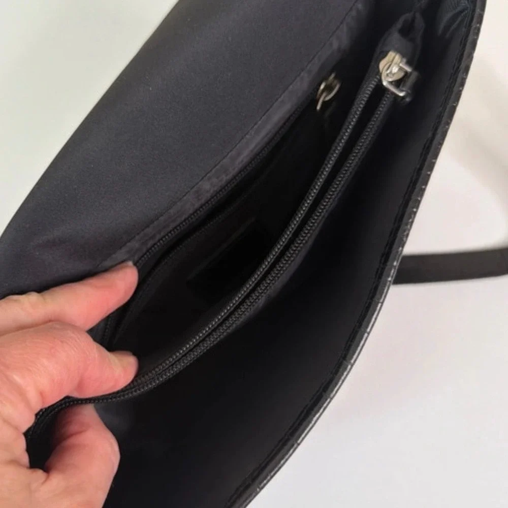 Lauren Ralph Lauren Black Nylon Croc Trim Crossbody Flap Bag Silver Logo Plaque